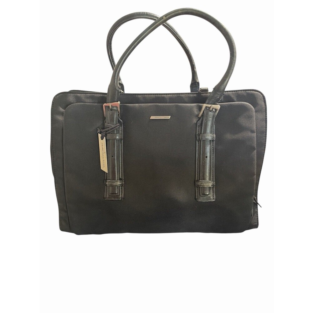 Francesco Biasia Black Satchel Handbag Nylon Leather Handles‎ Work Bag Office